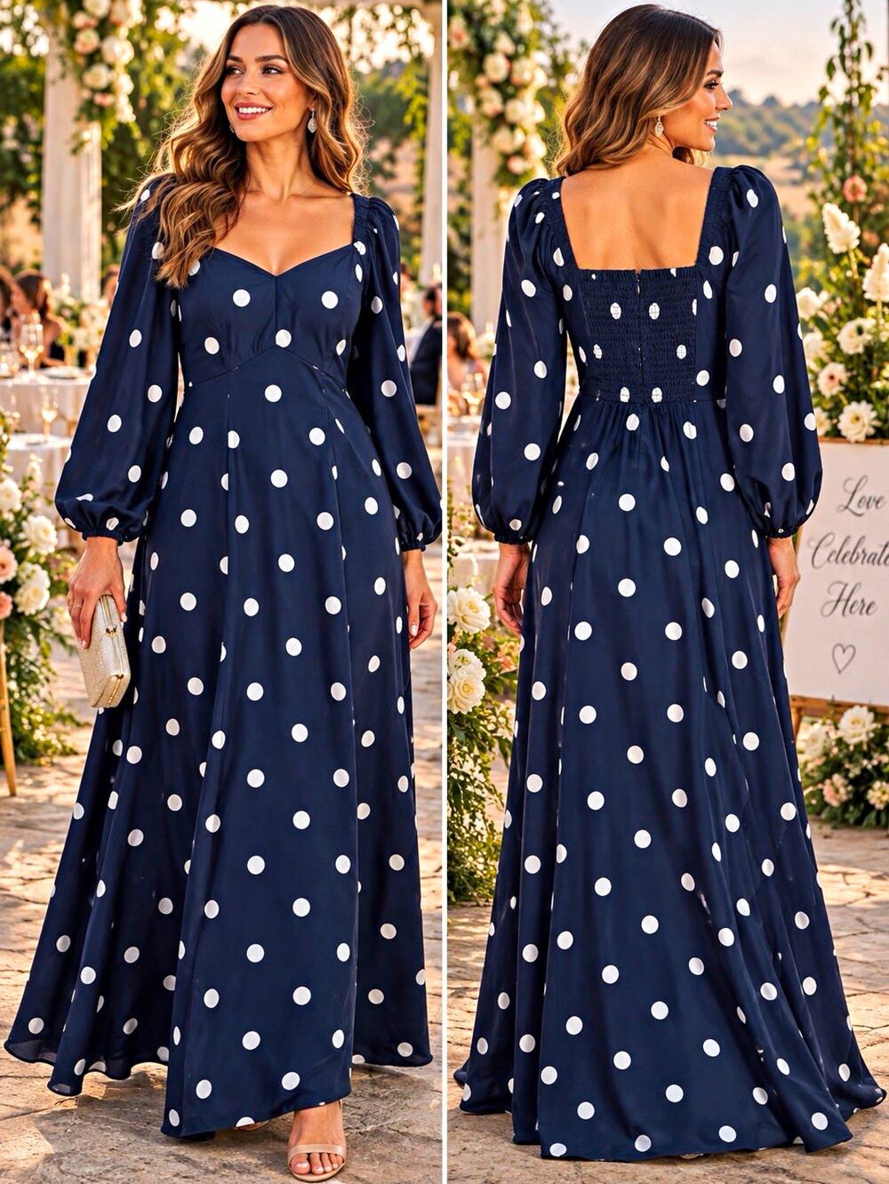 Free Assembly NWOT Navy White Polka Dot Maxi Dress Sz M Night Out Wedding Guest